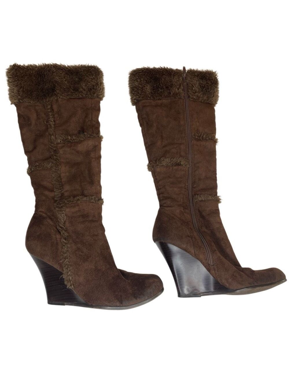 Go Max Vintage Faux Suede Knee High Boots Faux Fur Trim Wedge Heel Zip Up Y2K